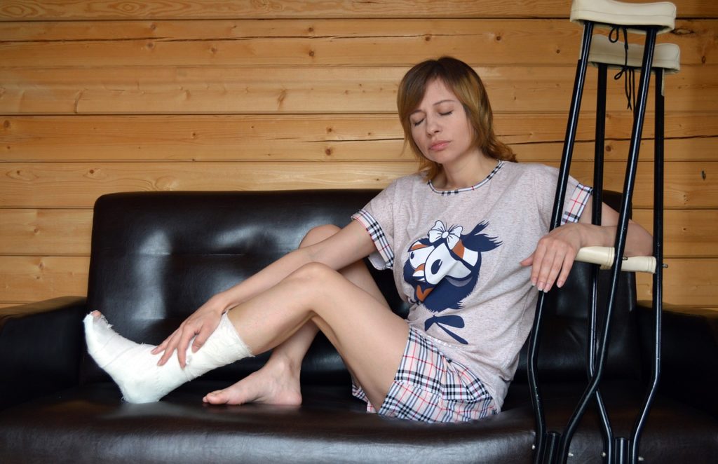 foot fracture, girl, couch